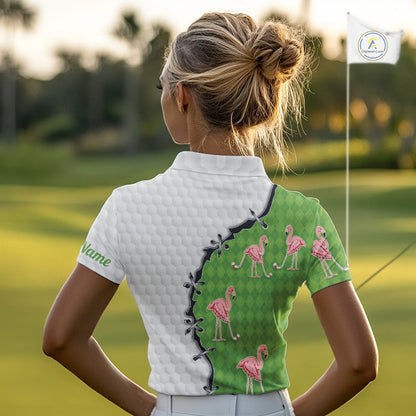 Funny Womens Golf Polo Shirt Green Argyle Flamingo Pattern Custom Name White Golf Shirt NBT558