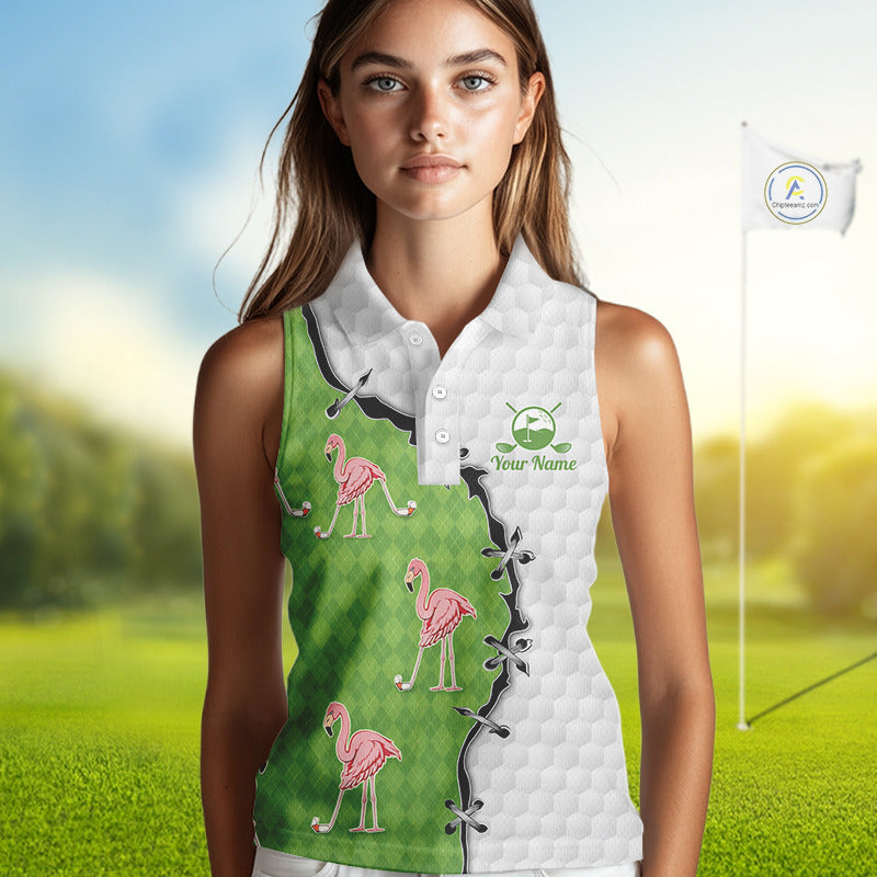 Funny Womens Sleeveless Golf Polo Shirt Green Argyle Flamingo Pattern Custom Name White Golf Shirt NBT558