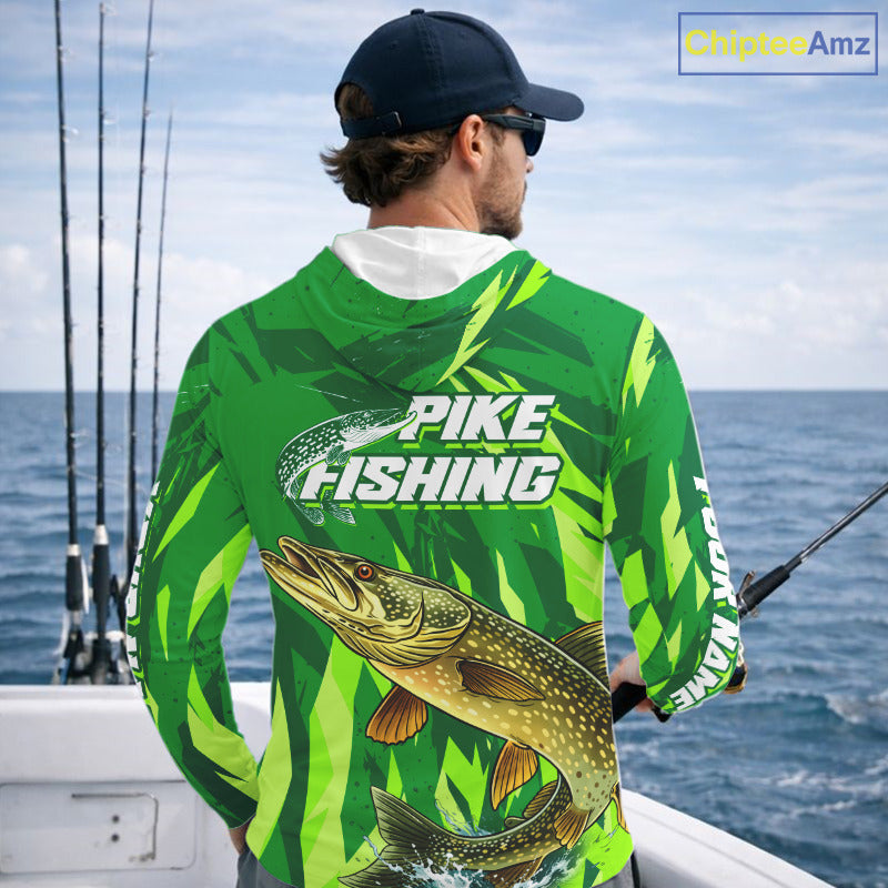 Pike Fishing Shirt Long Sleeve Hooded Green Camo Custom Name, Pike Fishing Jerseys For Men NBT408