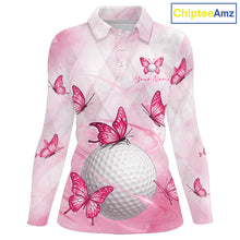 Load image into Gallery viewer, Pink Womens Golf Polo Shirt Custom Butterfly Team Ladies Golf Tops, Golf Gifts NBT596