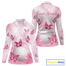 Load image into Gallery viewer, Pink Womens Golf Polo Shirt Custom Butterfly Team Ladies Golf Tops, Golf Gifts NBT596