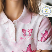 Load image into Gallery viewer, Pink Womens Golf Polo Shirt Custom Butterfly Team Ladies Golf Tops, Golf Gifts NBT596