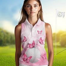 Load image into Gallery viewer, Pink Womens Sleeveless Golf Polo Shirt Custom Butterfly Team Ladies Golf Tops, Golf Gifts NBT596
