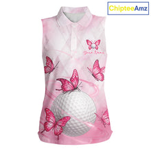 Load image into Gallery viewer, Pink Womens Sleeveless Golf Polo Shirt Custom Butterfly Team Ladies Golf Tops, Golf Gifts NBT596