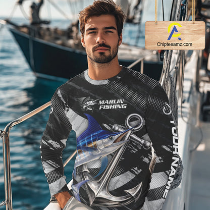 Personalized Marlin Fishing Long Sleeve Anchor Vector Custom Name Black Camo, Saltwater Fishing Shirts NBT473