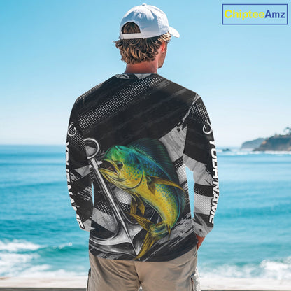 Personalized Mahi Mahi Fishing Long Sleeve Anchor Vector Custom Name Black Camo, Saltwater Fishing Shirts NBT474