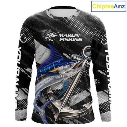 Personalized Marlin Fishing Long Sleeve Anchor Vector Custom Name Black Camo, Saltwater Fishing Shirts NBT473