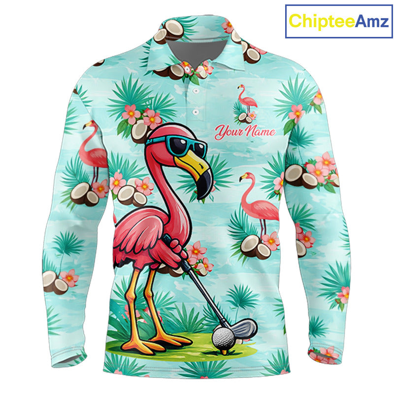 Funny Mens Golf Polo Shirts Custom Name Pink Flamingo Pattern, Tropical Golf Shirt NBT478