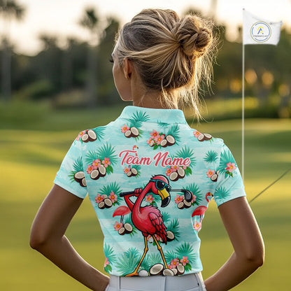 Funny Womens Golf Polo Shirts Custom Name  Pink Flamingo Pattern, Tropical Golf Shirt NBT478