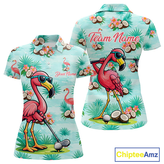 Funny Womens Golf Polo Shirts Custom Name  Pink Flamingo Pattern, Tropical Golf Shirt NBT478