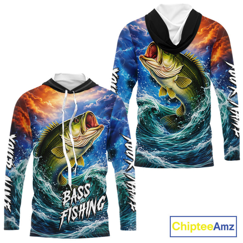Personalized Bass Thunder And Lightening Long Sleeve Hooded Fishing Shirts, Custom Bass Fishing Jerseys NBT378