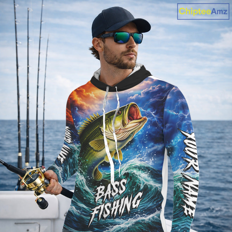 Personalized Bass Thunder And Lightening Long Sleeve Hooded Fishing Shirts, Custom Bass Fishing Jerseys NBT378
