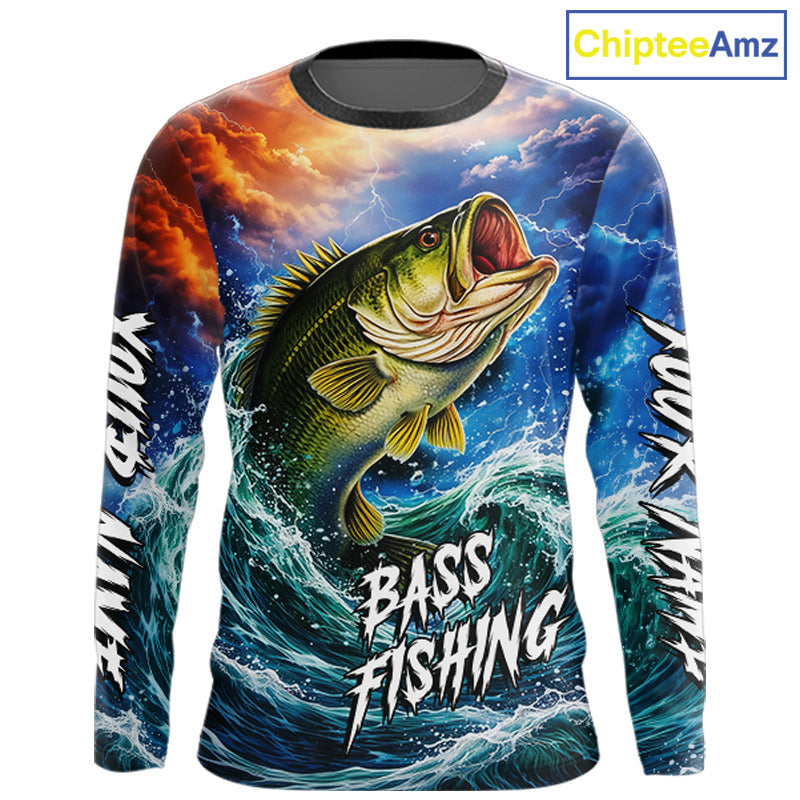 Personalized Bass Thunder And Lightening Long Sleeve Fishing Shirts,Custom Bass Fishing Jerseys NBT378