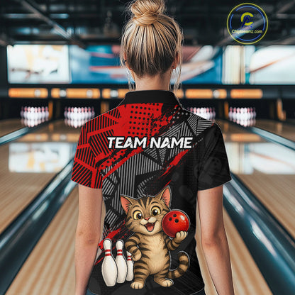 Woman bowler wearing custom red funny cat bowling team polo shirt on the lanes - back view