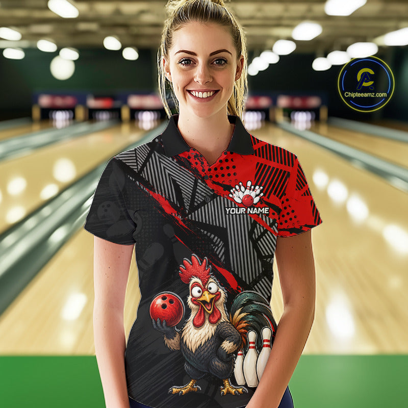 Custom Red Funny Rooster Bowling Shirt For Women Bowling Jersey Polo & Quarter-Zip Bowling Outfit NBT927