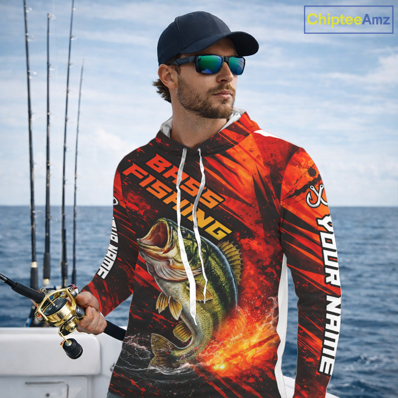 Personalized Fishing Bass Long Sleeve Hooded Fishing Shirts Orange Custom Nam, Fishing Shirts For Men NBT382