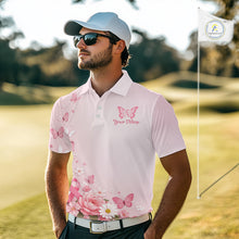 Load image into Gallery viewer, Custom Name Pink Butterfly Floral Pattern Breast Cancer Month Lady Golfer Men's Polo Shirt NBT529