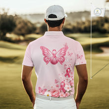 Load image into Gallery viewer, Custom Name Pink Butterfly Floral Pattern Breast Cancer Month Lady Golfer Men's Polo Shirt NBT529