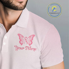 Load image into Gallery viewer, Custom Name Pink Butterfly Floral Pattern Breast Cancer Month Lady Golfer Men's Polo Shirt NBT529