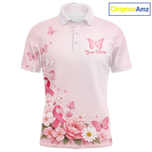 Load image into Gallery viewer, Custom Name Pink Butterfly Floral Pattern Breast Cancer Month Lady Golfer Men's Polo Shirt NBT529