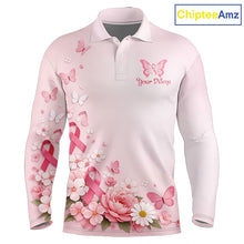 Load image into Gallery viewer, Custom Name Pink Butterfly Floral Pattern Breast Cancer Month Lady Golfer Men's Polo Shirt NBT529