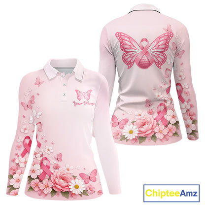 Custom Name Pink Butterfly Floral Pattern Breast Cancer Month Lady Golfer Women's Polo Shirt NBT529