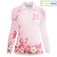 Load image into Gallery viewer, Custom Name Pink Butterfly Floral Pattern Breast Cancer Month Lady Golfer Women's Polo Shirt NBT529