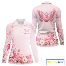 Load image into Gallery viewer, Custom Name Pink Butterfly Floral Pattern Breast Cancer Month Lady Golfer Women's Polo Shirt NBT529