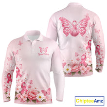 Load image into Gallery viewer, Custom Name Pink Butterfly Floral Pattern Breast Cancer Month Lady Golfer Men's Polo Shirt NBT529