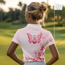 Load image into Gallery viewer, Custom Name Pink Butterfly Floral Pattern Breast Cancer Month Lady Golfer Women's Polo Shirt NBT529
