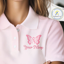 Load image into Gallery viewer, Custom Name Pink Butterfly Floral Pattern Breast Cancer Month Lady Golfer Women's Polo Shirt NBT529