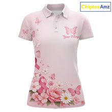 Load image into Gallery viewer, Custom Name Pink Butterfly Floral Pattern Breast Cancer Month Lady Golfer Women's Polo Shirt NBT529
