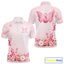 Load image into Gallery viewer, Custom Name Pink Butterfly Floral Pattern Breast Cancer Month Lady Golfer Men's Polo Shirt NBT529