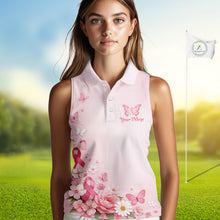 Load image into Gallery viewer, Custom Name Pink Butterfly Floral Pattern Breast Cancer Month Lady Golfer Women's Sleeveless Polo Shirt NBT529
