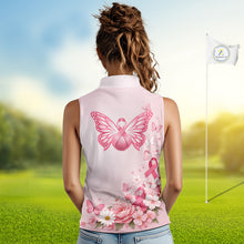 Load image into Gallery viewer, Custom Name Pink Butterfly Floral Pattern Breast Cancer Month Lady Golfer Women's Sleeveless Polo Shirt NBT529