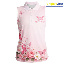 Load image into Gallery viewer, Custom Name Pink Butterfly Floral Pattern Breast Cancer Month Lady Golfer Women's Sleeveless Polo Shirt NBT529