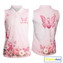 Load image into Gallery viewer, Custom Name Pink Butterfly Floral Pattern Breast Cancer Month Lady Golfer Women's Sleeveless Polo Shirt NBT529