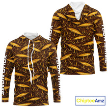 Load image into Gallery viewer, Custom Fishing Lure Yellow Long Sleeve Hooded Fishing Shirts For Men Custom Name, Mens Fishing Outfit NBT388