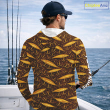 Load image into Gallery viewer, Custom Fishing Lure Yellow Long Sleeve Hooded Fishing Shirts For Men Custom Name, Mens Fishing Outfit NBT388