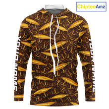 Load image into Gallery viewer, Custom Fishing Lure Yellow Long Sleeve Hooded Fishing Shirts For Men Custom Name, Mens Fishing Outfit NBT388