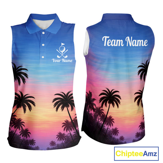 Custom Palm Tree Sleeveless Golf Polo Shirts For Women, Hawaii Tropical Personalized Polo Shirts, Golf Gifts NBT543