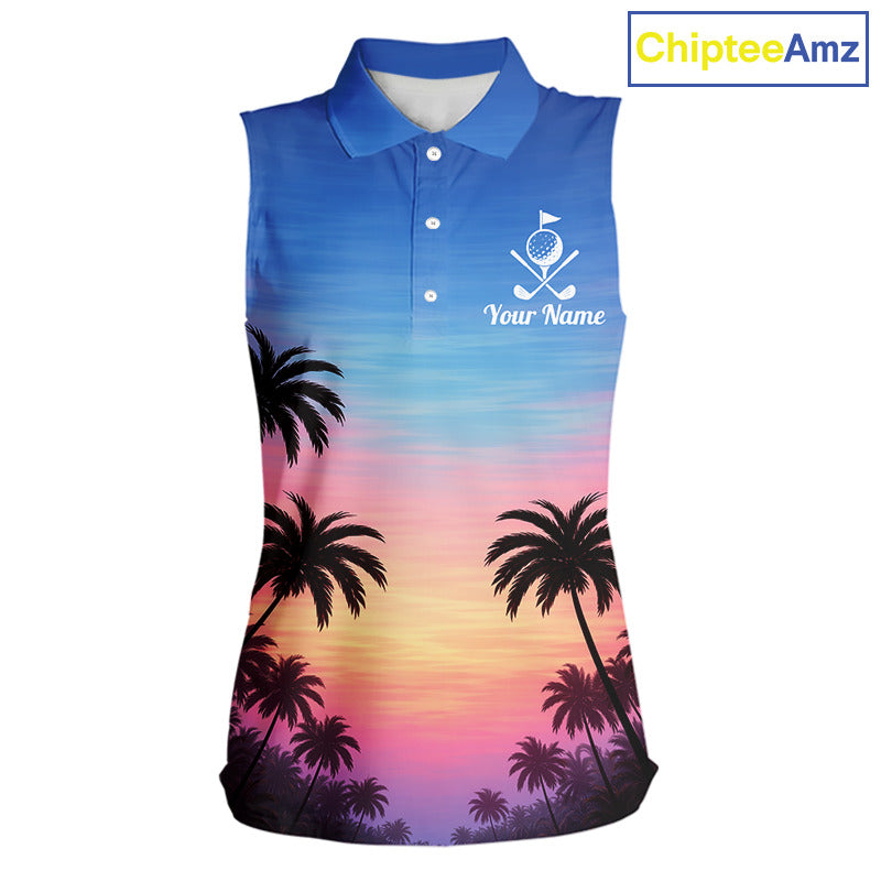 Custom Palm Tree Sleeveless Golf Polo Shirts For Women, Hawaii Tropical Personalized Polo Shirts, Golf Gifts NBT543