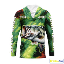 Load image into Gallery viewer, Custom Green Camo Bass Long Sleeve Hooded Fishing Shirts, Bass Fishing Shirts For Men NBT449