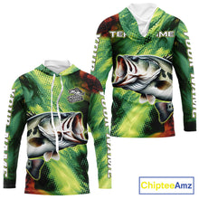 Load image into Gallery viewer, Custom Green Camo Bass Long Sleeve Hooded Fishing Shirts, Bass Fishing Shirts For Men NBT449