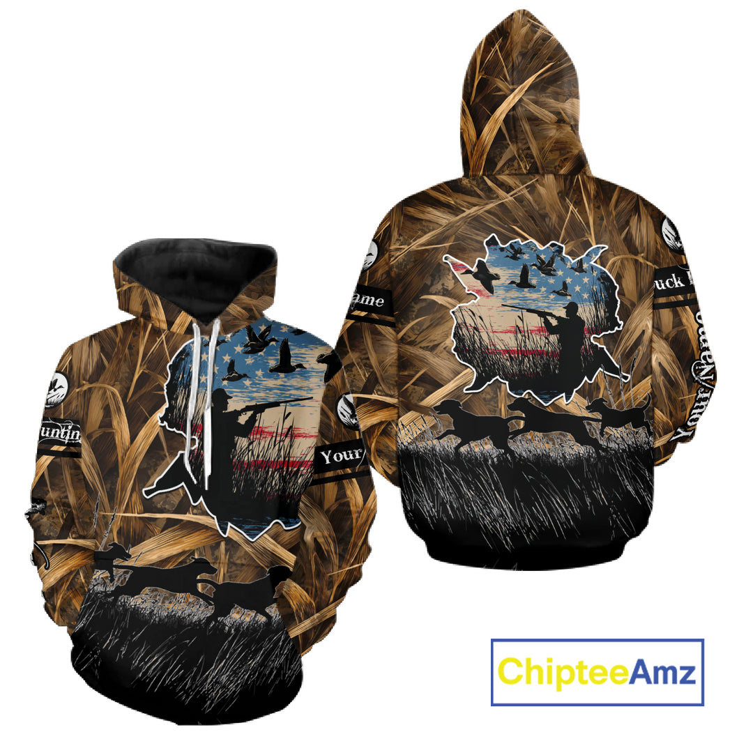 Custom Duck Hunting Camo USA Flag Custom Name 3D Printing Shirts, Duck Hunting Shirts NBT148