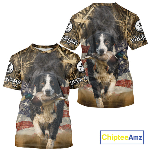 Border Collies Duck Hunting USA Flag Customized Name All Over Printed Shirts, Hunting Gifts NBT153