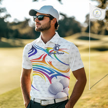 Load image into Gallery viewer, Rainbow Color Mens Golf Polo Shirts Golf Ball Pattern Custom Name, White Golf Shirt For Men NBT545