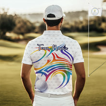 Load image into Gallery viewer, Rainbow Color Mens Golf Polo Shirts Golf Ball Pattern Custom Name, White Golf Shirt For Men NBT545