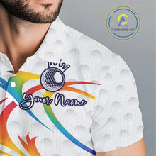 Load image into Gallery viewer, Rainbow Color Mens Golf Polo Shirts Golf Ball Pattern Custom Name, White Golf Shirt For Men NBT545