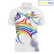 Load image into Gallery viewer, Rainbow Color Mens Golf Polo Shirts Golf Ball Pattern Custom Name, White Golf Shirt For Men NBT545